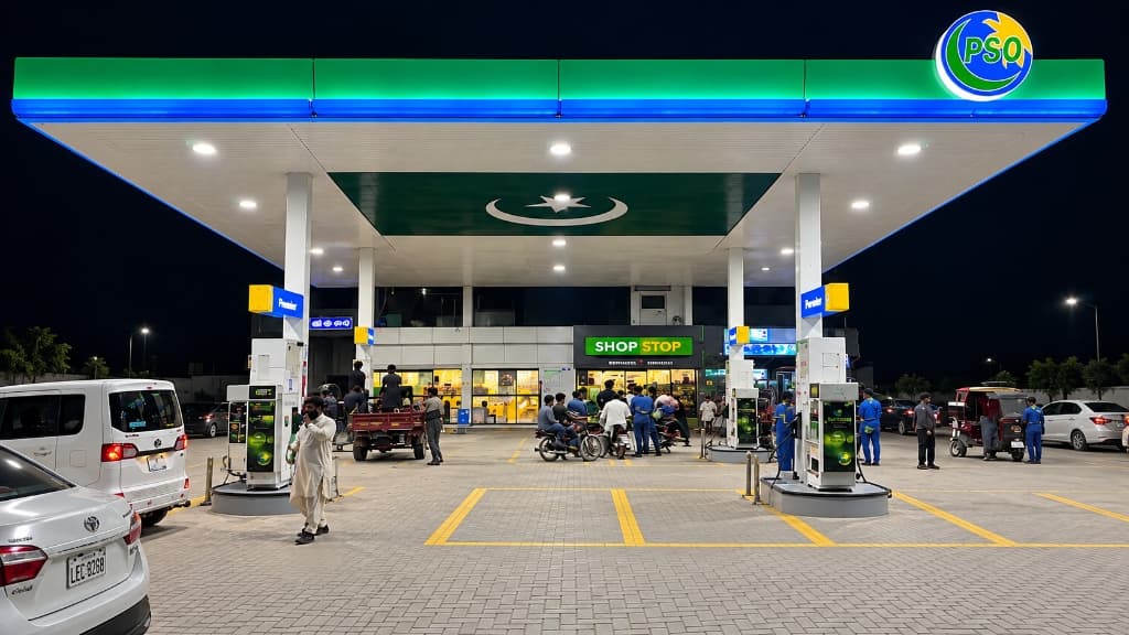 Illuminated forecourt care and vehicle service area at Mashaal PSO Raiwind