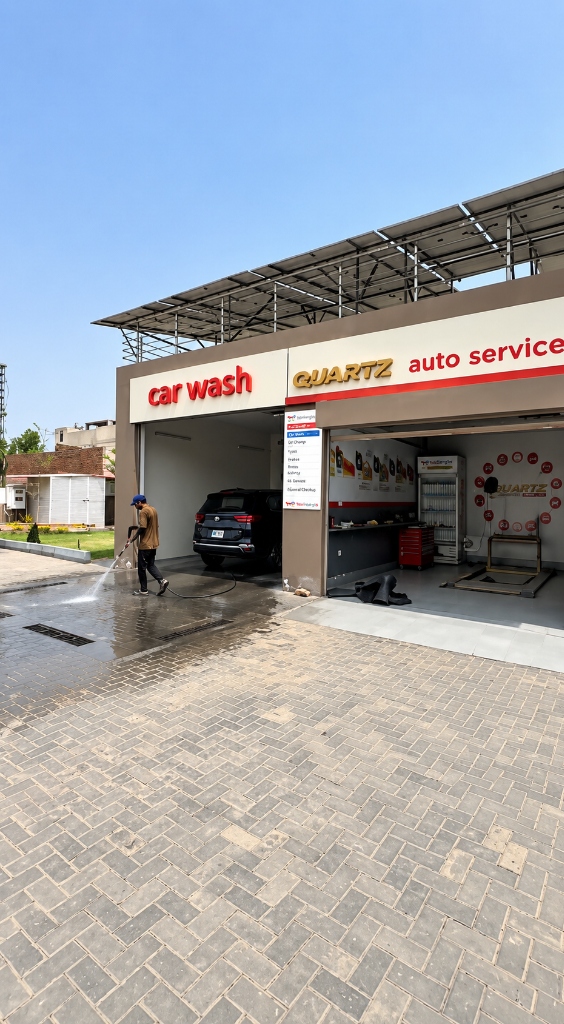 Automated Car Wash facility and QUARTZ Auto Service bay with solar rooftop at Mashaal Total PARCO Rahim Yar Khan