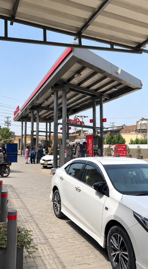 Active vehicle refueling forecourt with passenger car at Total PARCO Excellium dispenser in Rahim Yar Khan