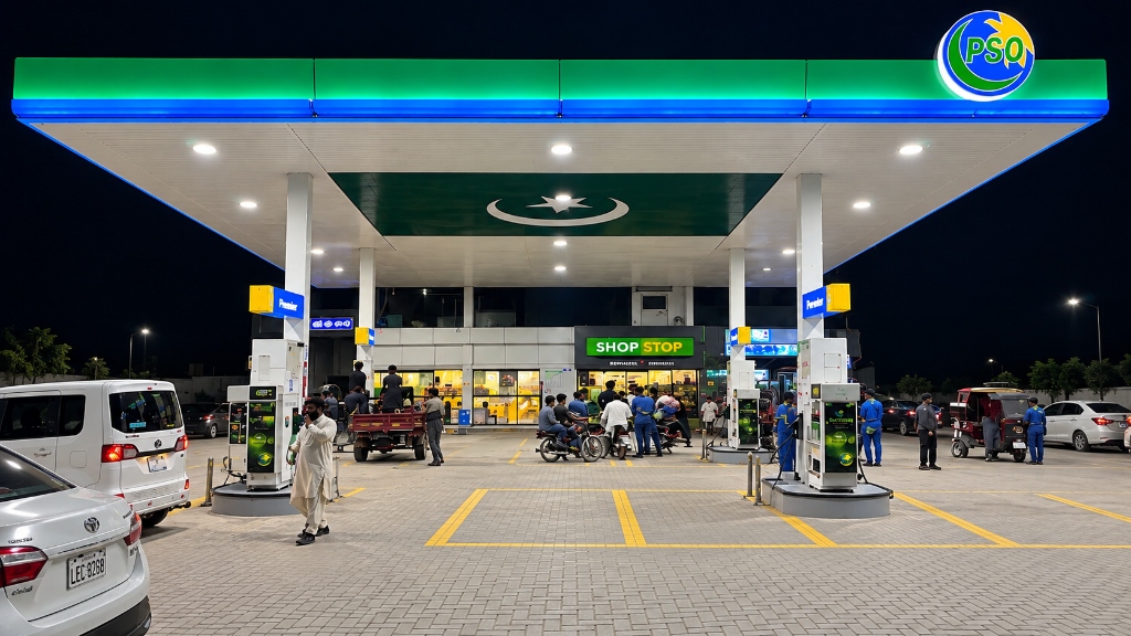 Mashaal PSO Station illuminated canopy, dispensers, and Shop Stop in Raiwind, Lahore